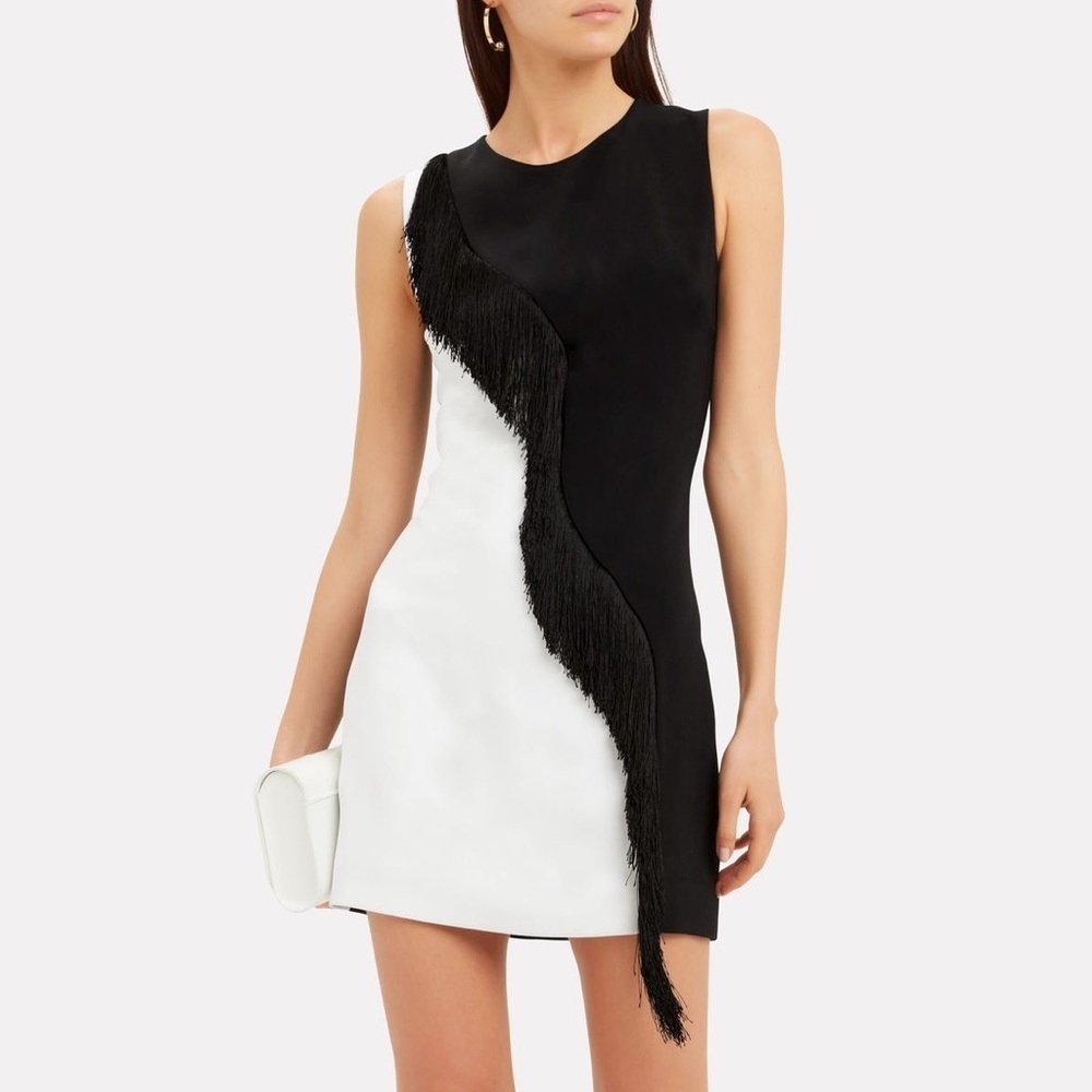 Cushnie Runway Black & White Colorblock Fringe Shift Dress - US 6 / Small